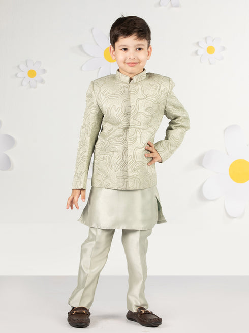 Boy's' Mint Green Jodhpuri, Kurta And Pyjama Set